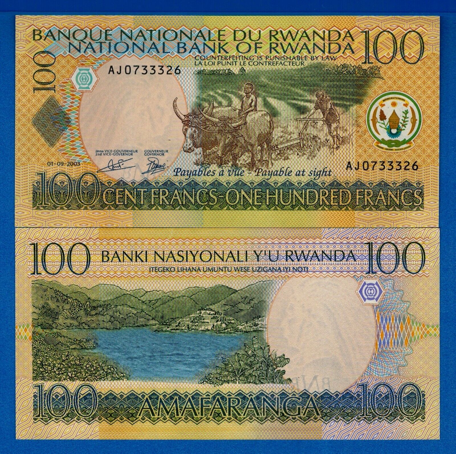 Rwanda P-29 100 Francs Year 1.9.2003 Uncirculated Banknote