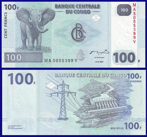 Congo P98, 100 Francs, Elephant / Hydroelectric Dam On Congo River, 2007, Unc