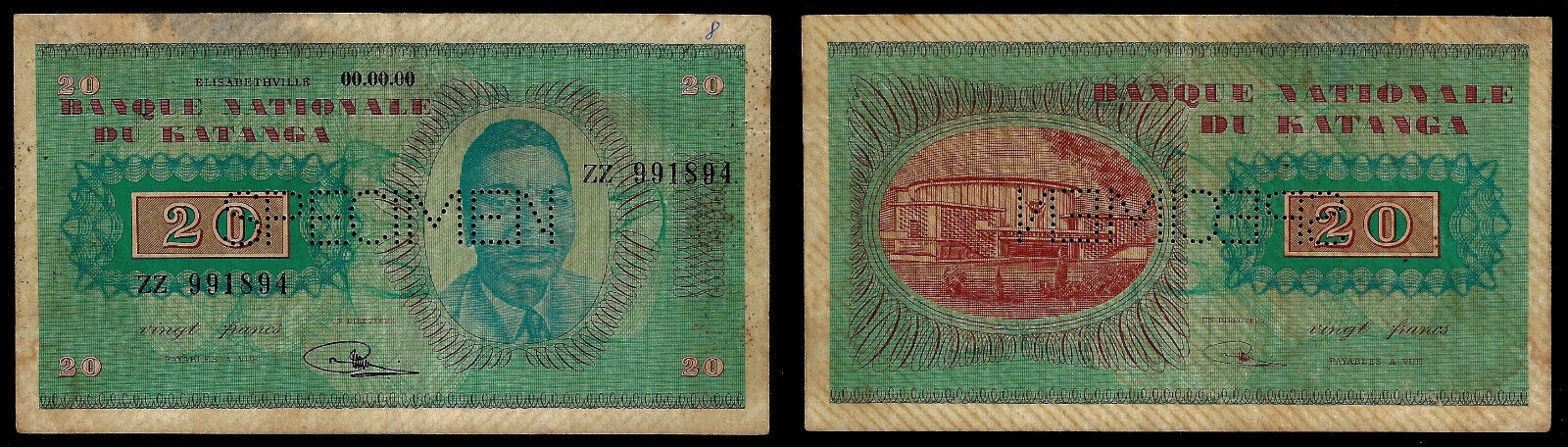 Katanga - Banque Nationale Du Katanga, Specimen 20 Francs Nd P6s  Vf