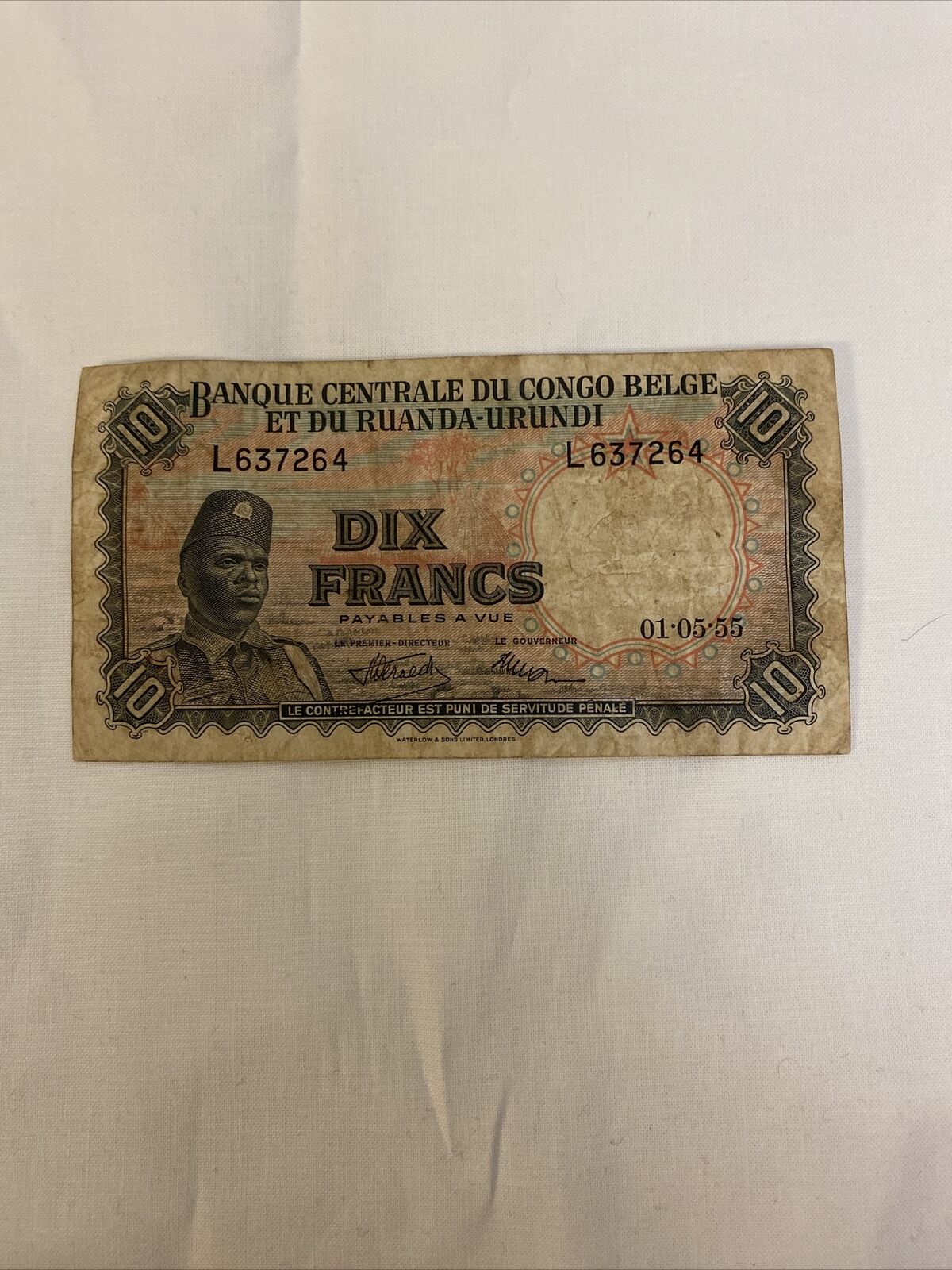 Congo 1955 10 Francs Rare Note Very Fine Banknote